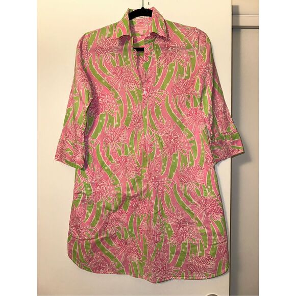 Lilly Pulitzer XS Quarter Button 3/4 Sleeve Collared Dress Easy Tiger Green Pink - Picture 1 of 12
